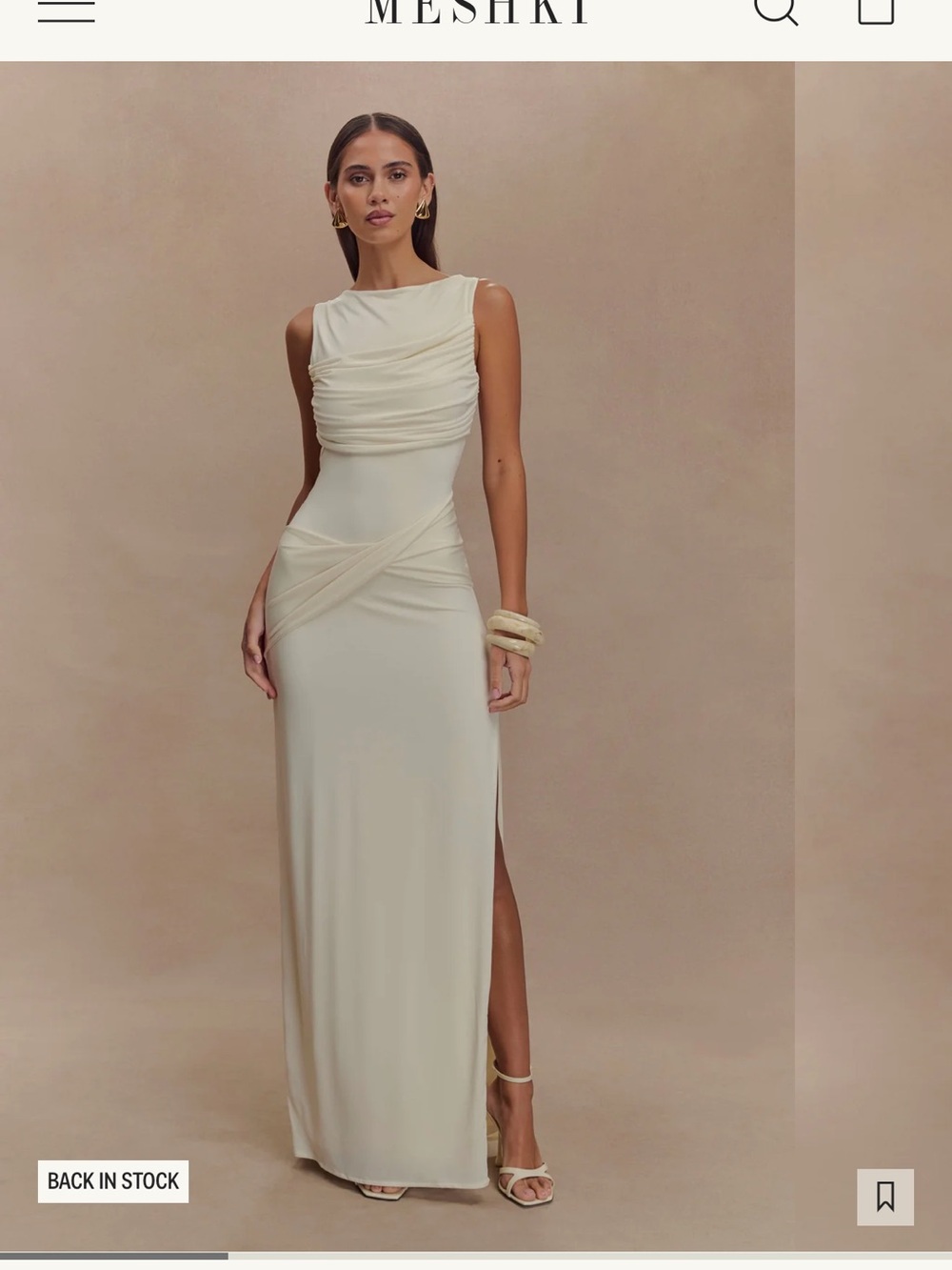 Meshki Cream Draped Maxi Dress with Side Slit